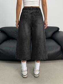 SHEIN Girlism Teen Girl Casual Versatile Daily Wear Denim Jeans With Pockets And Buttons - Black - View 2