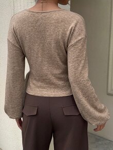 Siren Gaze 女款休閒純色收腰 T 恤，秋冬春季適用 - 駝色 - 查看 2