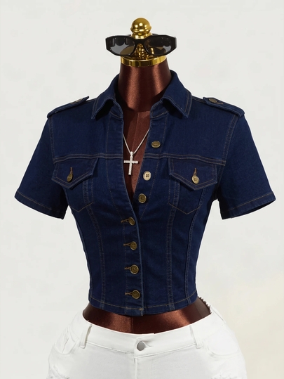Slaydiva Plus Size Hot Girl Fashion Button Short Sleeve Denim Jacket