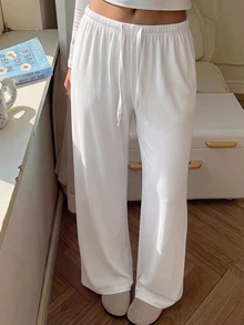 CovetEZ Women's Casual Basic Heart Cartoon Bear Printed Drawstring Waist Long Pants Valentine Day Everyday Home White Autumn - White - View 2