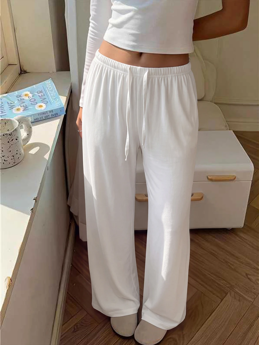 CovetEZ Women's Casual Basic Heart Cartoon Bear Printed Drawstring Waist Long Pants Valentine Day Everyday Home White Autumn - White - View 1