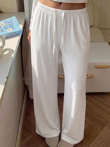 CovetEZ Women's Casual Basic Heart Cartoon Bear Printed Drawstring Waist Long Pants Valentine Day Everyday Home White Autumn - White - View 3
