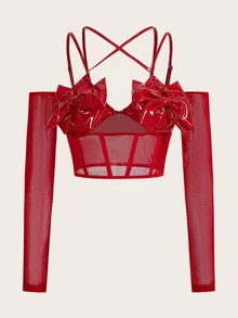 Sweetina Y2k Summer Red Slim-Fit Patent Leather & Mesh Spliced Crop Top With 3d Bowknot Decor For Women - Red - View 8