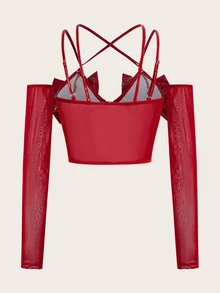 Sweetina Y2k Summer Red Slim-Fit Patent Leather & Mesh Spliced Crop Top With 3d Bowknot Decor For Women - Red - View 11