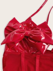 Sweetina Y2k Summer Red Slim-Fit Patent Leather & Mesh Spliced Crop Top With 3d Bowknot Decor For Women - Red - View 9
