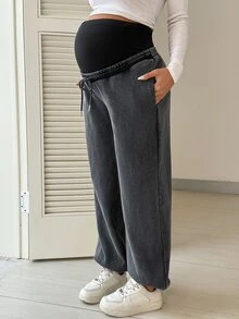 Boho Mama Adjustable Waist Maternity Casual Thermal Lined Jogger Sweatpants - Black - View 4