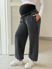 Boho Mama Adjustable Waist Maternity Casual Thermal Lined Jogger Sweatpants - Black - View 6
