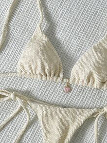 SHEIN Swim Women's Jacquard Fabric Halter Metal Decor Sexy Bikini Set, Summer - Beige - View 6