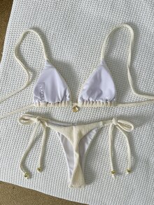 SHEIN Swim Women's Jacquard Fabric Halter Metal Decor Sexy Bikini Set, Summer - Beige - View 3