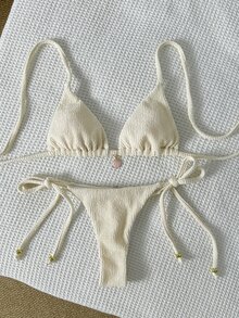SHEIN Swim Women's Jacquard Fabric Halter Metal Decor Sexy Bikini Set, Summer - Beige - View 4