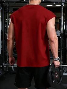Coreblaze Men's Letter Print Casual Sports Tank Top Sleeveless Workout Working Out Top, Gym - Burgundy - View 2
