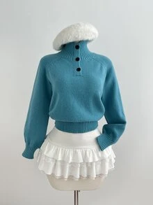 Elamini Women's Lake Blue Casual Versatile Cardigan Sweater, Daily Commute & Outdoor Wear, Autumn/Winter Pullover - Blue - View 3
