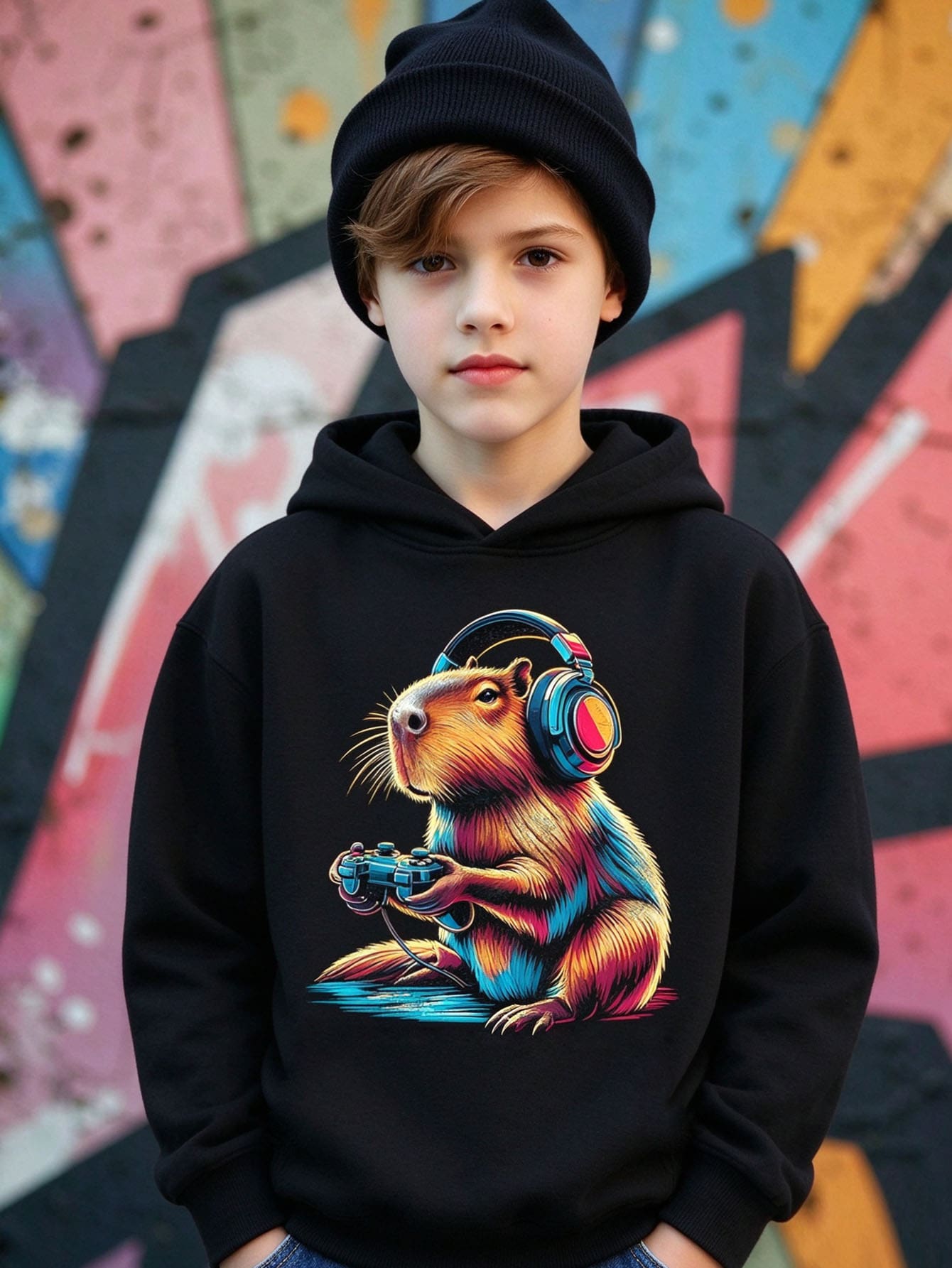 SHEIN Boys And Girls Fashion Black Earphones Capybara Animal Styling Simple Pattern Printed Basic Sweatshirt Winter Autumn Outfit School Streetwear - Black - View 1