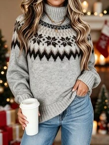 Louniche Women's Colorblock Casual Versatile Daily Wear Long Sleeve Sweater - Light Grey - View 1