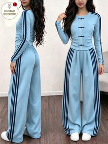 (1 Set)Tween Girls Autumn Casual Blue Island Chinese Style Navy Blue Striped Ruched Waist Long Sleeve T-Shirt & Wide Leg Pants - Multicolor - View 3