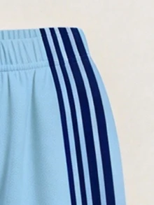 (1 Set)Tween Girls Autumn Casual Blue Island Chinese Style Navy Blue Striped Ruched Waist Long Sleeve T-Shirt & Wide Leg Pants - Multicolor - View 5