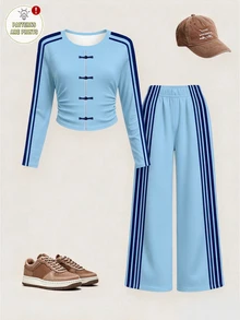 (1 Set)Tween Girls Autumn Casual Blue Island Chinese Style Navy Blue Striped Ruched Waist Long Sleeve T-Shirt & Wide Leg Pants - Multicolor - View 4