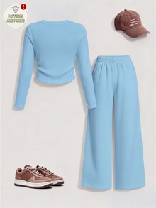 (1 Set)Tween Girls Autumn Casual Blue Island Chinese Style Navy Blue Striped Ruched Waist Long Sleeve T-Shirt & Wide Leg Pants - Multicolor - View 2