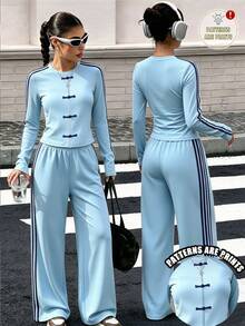 (1 Set)Tween Girls Autumn Casual Blue Island Chinese Style Navy Blue Striped Ruched Waist Long Sleeve T-Shirt & Wide Leg Pants - Multicolor - View 1
