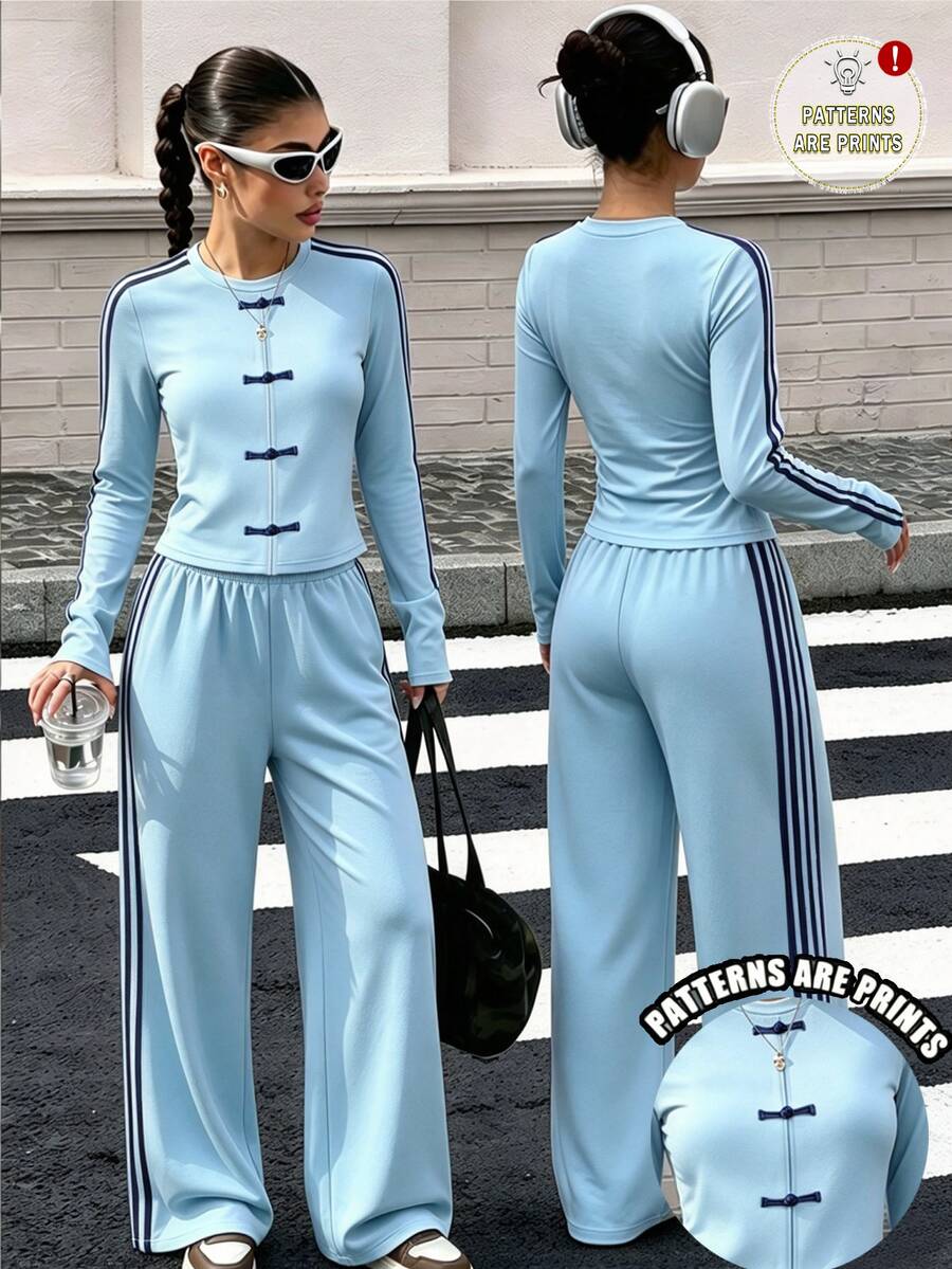 (1 Set)Tween Girls Autumn Casual Blue Island Chinese Style Navy Blue Striped Ruched Waist Long Sleeve T-Shirt & Wide Leg Pants - Multicolor - View 1