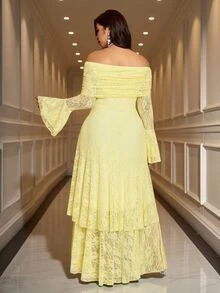 Reflora Plus Size Elegant Celestial Minimalist Romantic Lace Cold Shoulder Long Sleeve Dress Wedding Cocktail Formal Party Soft Yellow Autumn - Pale Yellow - View 8