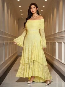 Reflora Plus Size Elegant Celestial Minimalist Romantic Lace Cold Shoulder Long Sleeve Dress Wedding Cocktail Formal Party Soft Yellow Autumn - Pale Yellow - View 4