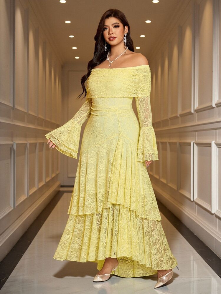 Reflora Plus Size Elegant Celestial Minimalist Romantic Lace Cold Shoulder Long Sleeve Dress Wedding Cocktail Formal Party Soft Yellow Autumn - Pale Yellow - View 3