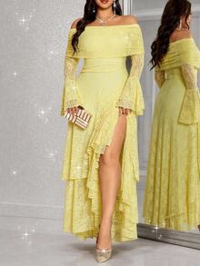 Reflora Plus Size Elegant Celestial Minimalist Romantic Lace Cold Shoulder Long Sleeve Dress Wedding Cocktail Formal Party Soft Yellow Autumn - Pale Yellow - View 3