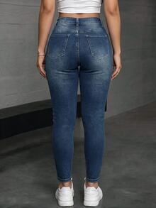 SHEIN PETITE Women's Solid Color Fashion Minimalist Slim Fit Jeans - Blue - View 5