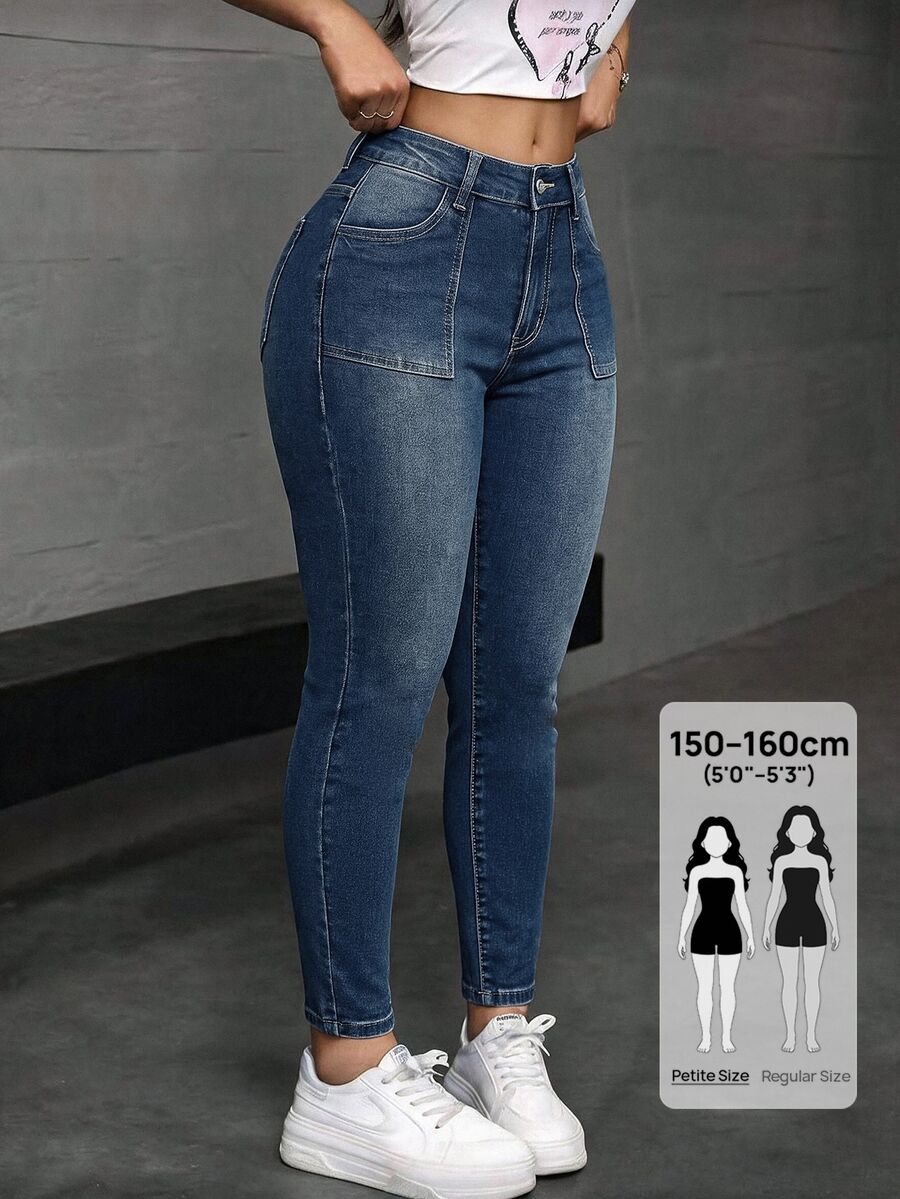 SHEIN PETITE Women's Solid Color Fashion Minimalist Slim Fit Jeans - Blue - View 1