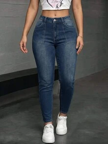 SHEIN PETITE Women's Solid Color Fashion Minimalist Slim Fit Jeans - Blue - View 3