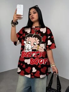 Betty Boop x SHEIN 大尺碼女款愛心與字母印花圓領短袖休閒T恤 - 白色 - 查看 10