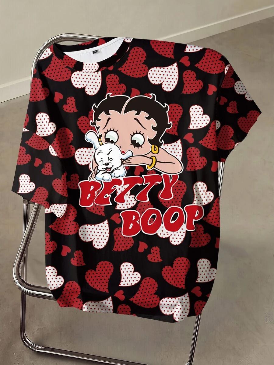 Betty Boop x SHEIN 大尺碼女款愛心與字母印花圓領短袖休閒T恤 - 白色 - 查看 1