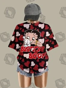 Betty Boop x SHEIN 大尺碼女款愛心與字母印花圓領短袖休閒T恤 - 白色 - 查看 4