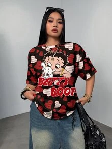 Betty Boop x SHEIN 大尺碼女款愛心與字母印花圓領短袖休閒T恤 - 白色 - 查看 3