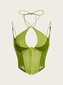 SHEIN ICON Y2k Clothes Black Lace Top Corset Top Club Tops Patchwork Cups Double Strap Metal Button Decorated Women Camisole - Green - View 4