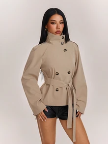SHEIN PETITE Aloruh Khaki Cinched Waist Waist Short Women's Trench Coat, Versatile For Autumn/Winter,Fall - Khaki - View 8