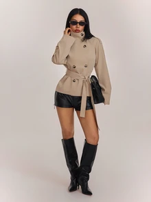 SHEIN PETITE Aloruh Khaki Cinched Waist Waist Short Women's Trench Coat, Versatile For Autumn/Winter,Fall - Khaki - View 9