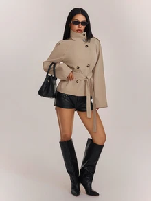 SHEIN PETITE Aloruh Khaki Cinched Waist Waist Short Women's Trench Coat, Versatile For Autumn/Winter,Fall - Khaki - View 4