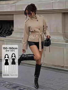 SHEIN PETITE Aloruh Khaki Cinched Waist Waist Short Women's Trench Coat, Versatile For Autumn/Winter,Fall - Khaki - View 7