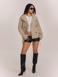 SHEIN PETITE Aloruh Khaki Cinched Waist Waist Short Women's Trench Coat, Versatile For Autumn/Winter,Fall - Khaki - View 6