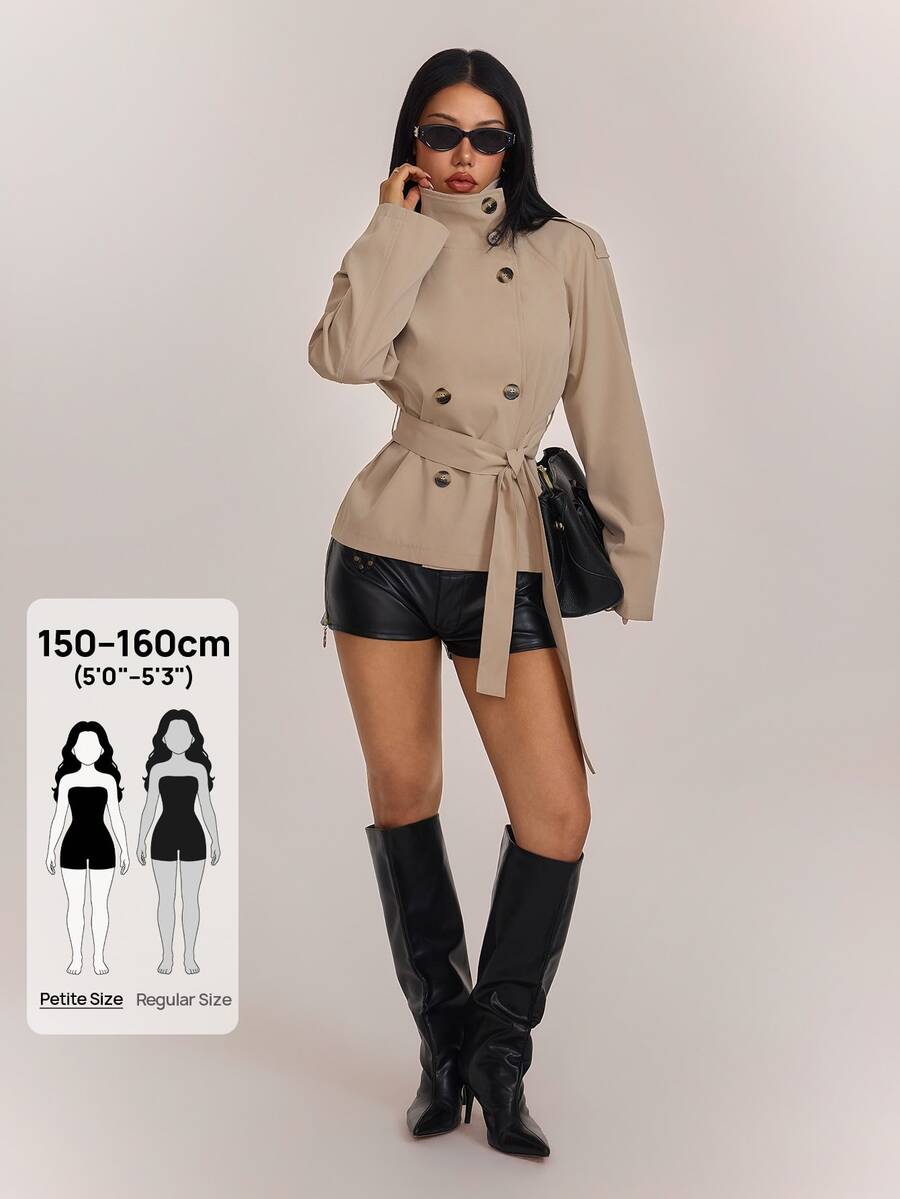 SHEIN PETITE Aloruh Khaki Cinched Waist Waist Short Women's Trench Coat, Versatile For Autumn/Winter,Fall - Khaki - View 1