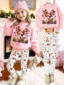 Autumn/Winter Toddler Girls Casual Fresh Cute Deer Design Fun Letter Pattern Crew Neck Sweatshirt & Deer Floral Print Leggings Set - Multicolor - View 3