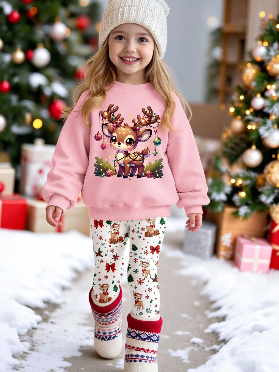 Autumn/Winter Toddler Girls Casual Fresh Cute Deer Design Fun Letter Pattern Crew Neck Sweatshirt & Deer Floral Print Leggings Set - Multicolor - View 1