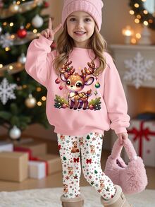 Autumn/Winter Toddler Girls Casual Fresh Cute Deer Design Fun Letter Pattern Crew Neck Sweatshirt & Deer Floral Print Leggings Set - Multicolor - View 4