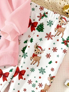 Autumn/Winter Toddler Girls Casual Fresh Cute Deer Design Fun Letter Pattern Crew Neck Sweatshirt & Deer Floral Print Leggings Set - Multicolor - View 6