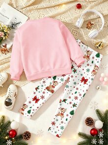 Autumn/Winter Toddler Girls Casual Fresh Cute Deer Design Fun Letter Pattern Crew Neck Sweatshirt & Deer Floral Print Leggings Set - Multicolor - View 2