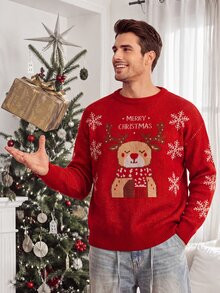 Sorvial Men's Snowflake Round Neck Long Sleeve Casual Christmas Sweater - Red - View 7