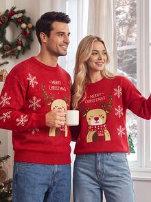 Sorvial Men's Snowflake Round Neck Long Sleeve Casual Christmas Sweater - Red - View 1