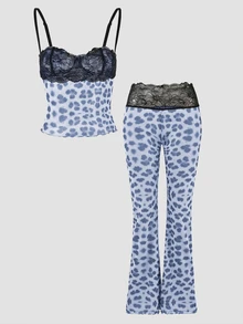 SHEIN SXY Women's Summer New Leopard Print Contrast Lace Spaghetti Strap Extended Pants Night Out Club Light Blue Sexy - Blue - View 5
